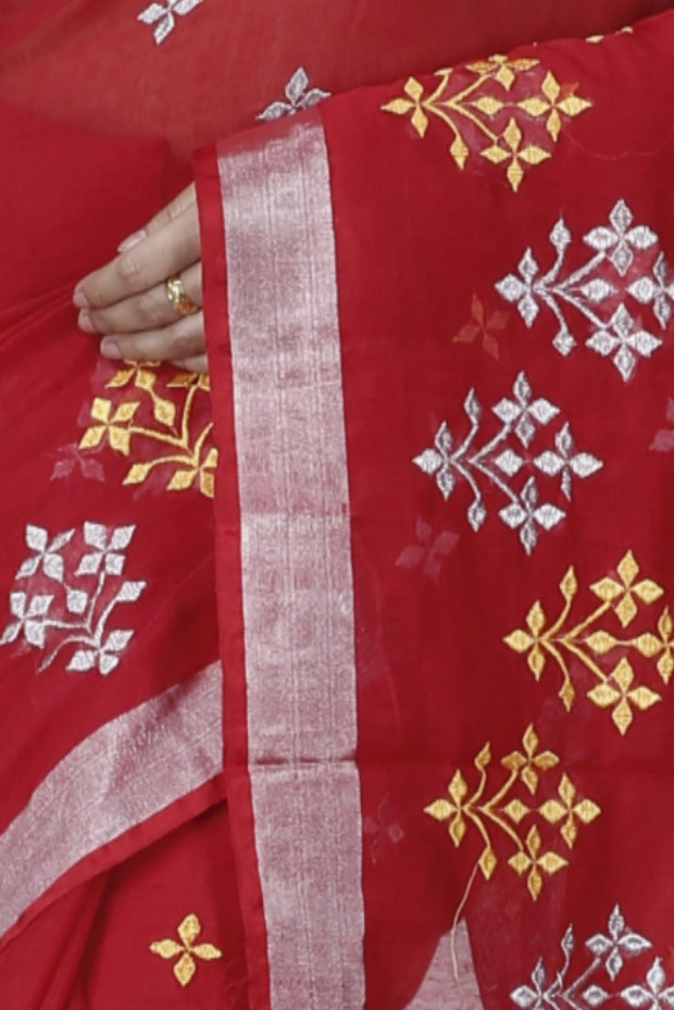 Red Blended Cotton Tamasi Hand Loom Saree (1208)